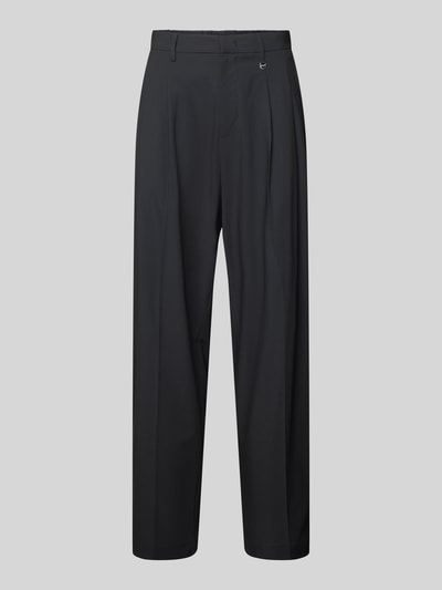 Produktfoto, Stoffhose mit Label-Detail von Antony Morato, czarna, luźny krój, elastyczny pas, mieszanka materiałów z wiskozą, kieszenie francuskie i tylne, szerokość w rozmiarze 50: 44 cm, długość wewnętrzna nogawki: 78 cm