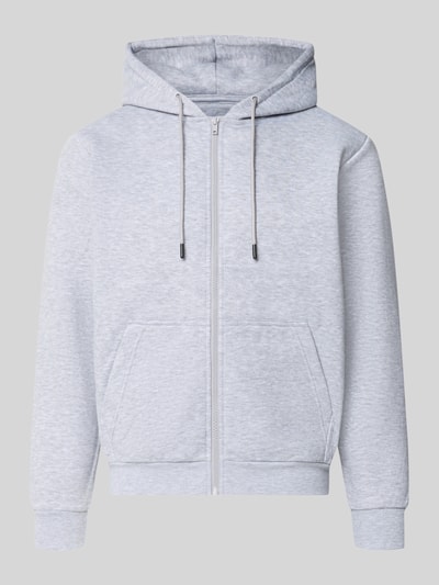 Produktfoto, Regular Fit Sweatjacke aus Baumwoll-Mix Modell 'BRADLEY' von JACK & JONES, hellgraue Farbe, Känguru-Tasche, glatte Textur, Herren Sweatjacke, Kapuze mit Tunnelzug, elastische Abschlüsse, Rückenlänge 67 cm, Ärmellänge 68 cm