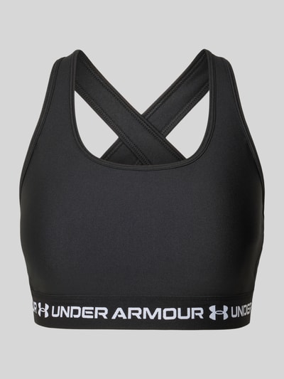 Produktfoto, schwarzer Sport-BH mit Logo-Print von Under Armour, glatte Struktur vor grauem Hintergrund