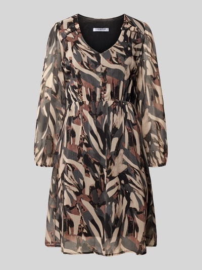 Produktfoto, Minikleid mit V-Ausschnitt Modell 'Ev44aa' von ZABAIONE, abstraktes Muster in Beige, Braun, Schwarz, Chiffon mit transparenter Struktur, taillierter Schnitt, elastische Ärmelabschlüsse, blickdichtes Unterkleid, Rückenlänge 93 cm, Brustweite 45 cm, Ärmellänge 58 cm