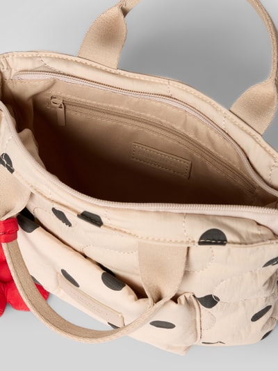 Produktfoto, Handtasche mit Label-Patch Modell 'VAALA MINI' von Seidenfelt im Allover-Look, Baumwoll-Mix, Hauptfach mit Reißverschluss, Tragehenkel, Schulterriemen, beige mit schwarzen Punkten, Maße 28x18x8 cm, Schulterriemenlänge 76 cm, weiche textile Struktur