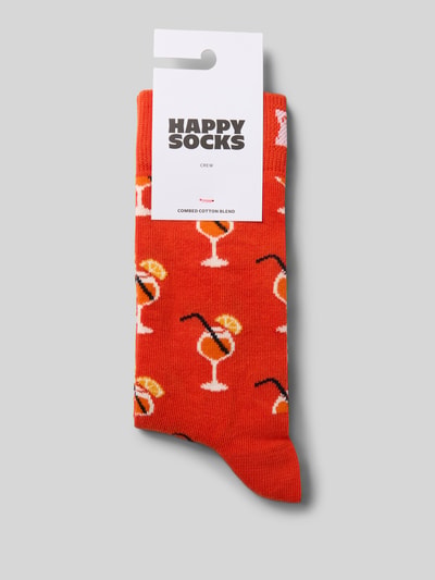 Produktfoto, Socken mit Label-Print von Happy Socks aus Baumwoll-Mix mit Stretch-Anteil, körpernaher Schnitt, gerippter Abschluss, oranger Grundton mit farbigen Cocktail-Motiven