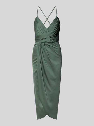 Produktfoto, 'Cocktailkleid aus Satin in Wickel-Optik' von V by Vera Mont, satynowa tkanina w kolorze zielonym, prosty krój, długość midi, cienkie ramiączka, szerokość w rozmiarze 36: 36 cm, długość pleców w rozmiarze 36: 122 cm