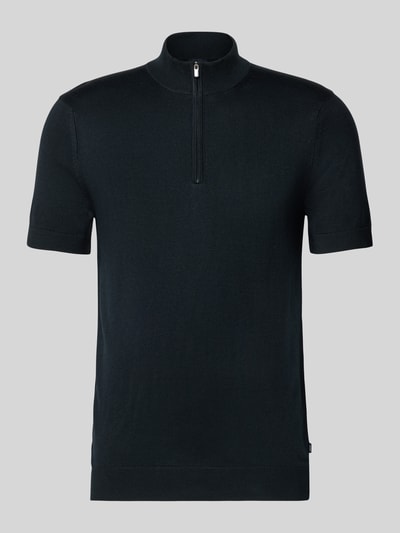 Produktfoto, Strickshirt aus Viskose-Mix mit Stehkragen Modell 'Vadin' von JOOP! COLLECTION, Farbe Schwarz, Körpernaher-Schnitt, kurzer Reißverschluss, Rückenlänge 68 cm, Ärmellänge 24 cm.