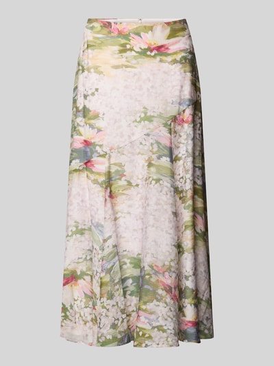Produktfoto, Midirock mit Reißverschluss Modell 'LAYDA' von Ted Baker, lyocellowy miks, linia A, szerokość w rozmiarze 36: 37 cm, długość całkowita 82 cm, wzór kwiatowy w pastelowych różach, zieleni i bieli, tekstura gładka