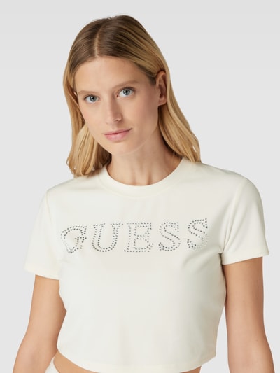 Guess Activewear T-shirt krótki z obszyciem kamieniami stras model ‘COUTURE’ Beżowy 3