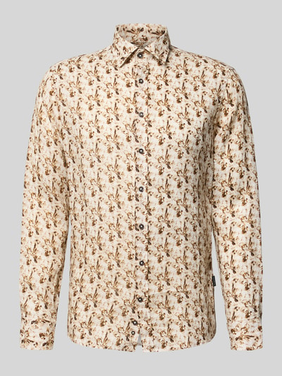 Produktfoto, Slim Fit Freizeithemd aus reinen Leinen Modell 'Gold' von bugatti, floraler Allover-Print, beige-braune Farbtöne, Kentkragen, lange Ärmel, durchgehende Knopfleiste, reine Leinenstruktur, für Herren