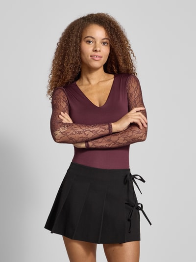 Only Slim fit body met kanten mouwen, model 'SIA' Bordeaux - 4