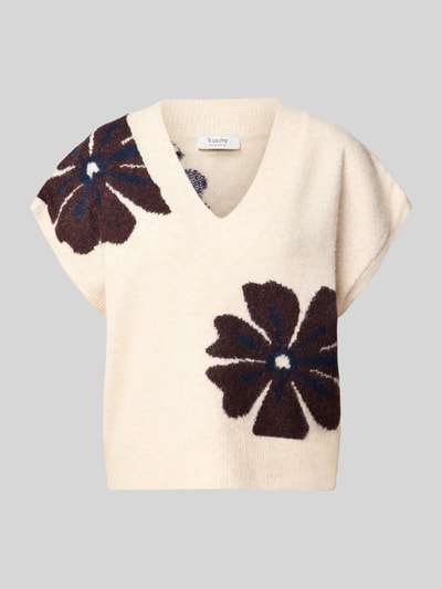 Produktfoto, Strickshirt mit Lanawoll-Anteil Modell 'BYOMEA' von b.young, Mieszanka materiałów z dodatkiem wełny, luźny krój, dekolt w serek, Z krótkim rękawem, prążkowane wykończenia, Długość tyłu w rozmiarze S: 53 cm, kremowy z dużymi kwiatowymi wzorami