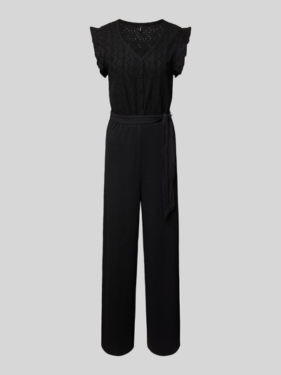 Produktfoto, Regular Fit Jumpsuit mit Lochstickerei Modell 'LELISA' von Only, efekt: jednolity kolor, krój regular fit, szlufki na pasek z wiązanym paskiem, haft angielski, dekolt w serek, krótkie rękawy, krótkie zapięcie na guziki