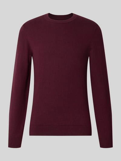 Produktfoto, Strickpullover aus Baumwoll-Kaschmir-Mix mit Rundhalsausschnitt von MCNEAL in Bordeaux, Regular Fit, glatte Textur, neutrale Ansicht, Rückenlänge 70 cm, Ärmellänge 74 cm