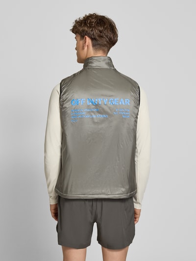 Männermodel trägt Weste mit Logo und Stehkragen Modell 'HALO SABER' von HALO in Grau, Regular Fit, Reißverschluss, Rückenlänge 68 cm, Ganzkörperansicht Rückansicht.