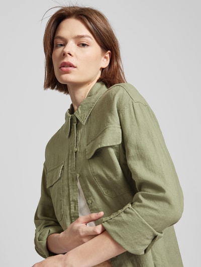 Only Oversized linnen blouse met paspelzakken op de borst, model 'CARO' Olijfgroen - 3