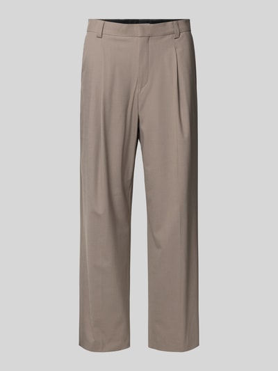 Produktfoto, beige Straight Fit Hose aus Schurwoll-Mix Modell 'TONY' von HUGO, unifarben mit Bundfalte, Gürtelschlaufen und seitlichen Taschen.
