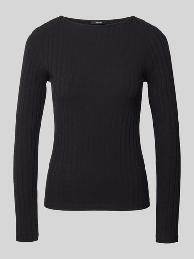 Produktfoto, czarna bluzka z długim rękawem z prążkowanej mieszanki bawełny Slim Fit Langarmshirt aus Baumwoll-Mix model 'Sovke' von OPUS, damska