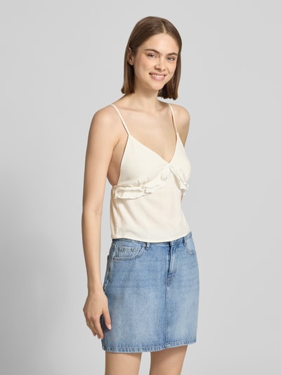Vrouwenmodel draagt Regular Fit Trägertop aus Viskose-Leinen-Mix Modell 'SIESTA' van Only in effen kleuren met hartvormige hals, spaghettibandjes, uitlopend en gevlamd garen, materiaalmix van viscose en linnen, unilook, ganzkörperaanzicht van voren.