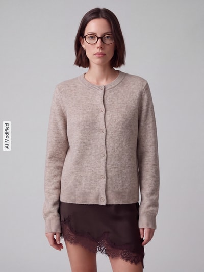 Frauenmodel trägt Regular Fit Strickjacke mit Woll-Anteil Modell 'MALOU' von PIECES in Beige, glatte Struktur, Ganzkörperansicht von vorne, KI-modifiziertes Bild