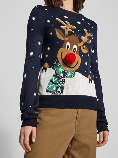 VERO MODA Regular Fit Weihnachtspullover mit Pom-Pom Modell 'FROSTYDEER' Dunkelblau 3
