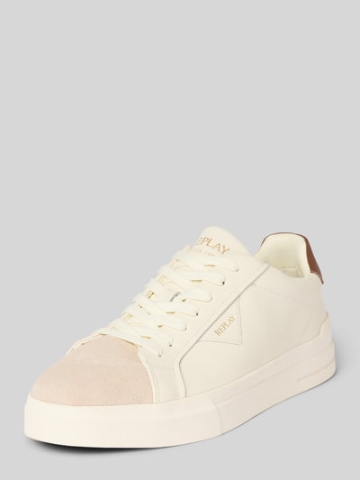 Produktfoto, Sneaker aus beschichtetem Leder mit Label-Details von Replay in Cremeweiß mit abgerundeter Form, strukturierter Sohle, Modell 'EVAN MIX', Schnürung sowie Markenaufschrift, Absatzhöhe 4 cm, Schafthöhe 6 cm, Schaftweite 9 cm.