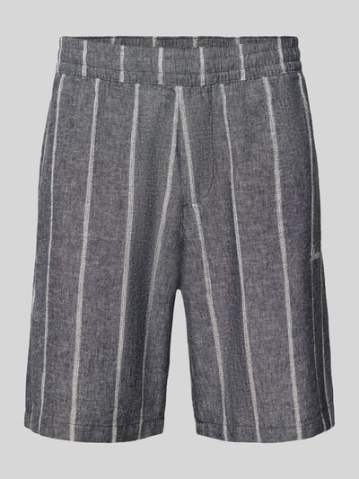 Produktfoto, Leinenshorts mit Logo-Stitching von REVIEW aus Baumwoll-Leinen-Mix, Regular-Fit, dunkelgrau mit weißen Streifen, seitliche Eingrifftaschen, elastischer Bund, strukturierte Oberfläche.