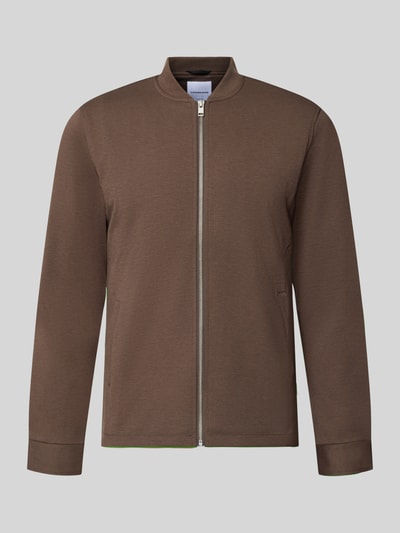 Produktfoto, Slim Fit Sweatjacke mit Stehkragen von Lindbergh, brązowa, Mieszanka materiałów z dodatkiem streczu, zamek błyskawiczny, wpuszczane kieszenie