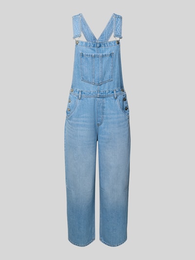 Produktfoto, Barrel Fit Latzhose mit verstellbaren Trägern von JAKE*S STUDIO WOMAN in hellem Denim mit Brusttasche und Eingrifftaschen, Cropped-Look, Rückenlänge 64 cm, Brustweite 60 cm, Ärmellänge 66 cm, Gesamtlänge 121 cm, Innenbeinlänge 66 cm.