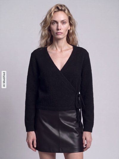 Frauenmodel trägt Relaxed Fit Strickjacke mit Wool-Anteil Modell 'LIVA' von ONLY in Schwarz, Damen Strickjacke, Ganzkörperansicht von vorne, KI-modifiziertes Bild.