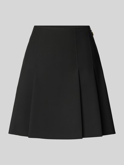 Produktfoto, zwarte A-lijn plooirok met label-zipper, mini-lengte en naadrits, A-Linie Faltenrock mit Label-Zipper Modell 'ROBALLO' van HUGO, uni kleuren, gedetailleerde plooien.
