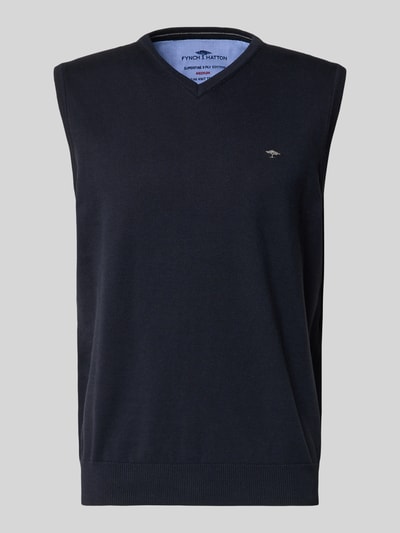 Produktfoto, dunkelblauer Pullunder mit Label-Stitching von Fynch-Hatton aus reiner Baumwolle, gerippte Abschlüsse, V-Ausschnitt, Regular Fit