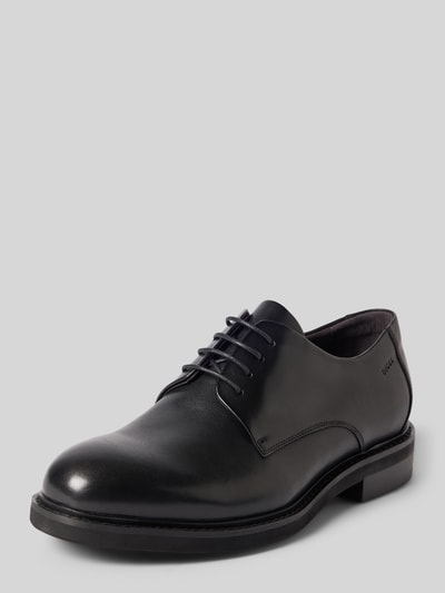 Productfoto, zwarte veterschoen uit glad leer met label in reliëf, licht gestructureerde zool, afgeronde punt, vetersluiting, model 'Soft' van DIGEL, hakhoogte 3 cm, schachthoogte 7 cm, schachtbreedte 11 cm