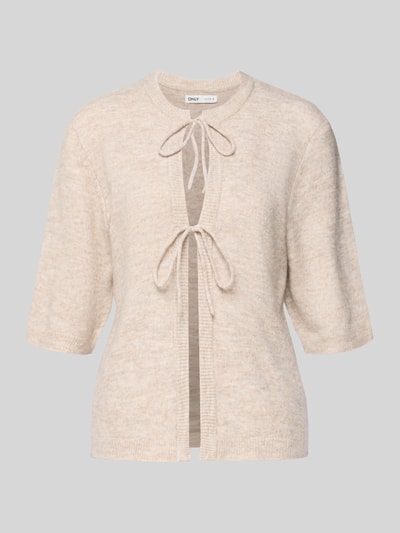 Produktfoto, Regular Fit Cardigan mit Schnürungen Modell 'SIMONI' von Only in Beige, Strickoptik, Rundhals, halblanger Arm, gerippte Abschlüsse, unifarben