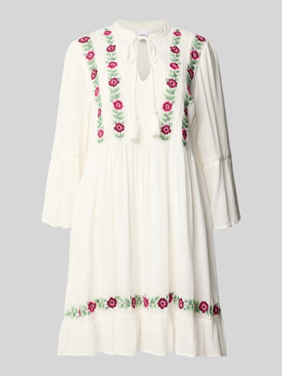 Produktfoto, Tunika-Kleid mit Stitchings Modell 'CHELLA' von YAS in A-Linie als Minikleid mit Schnürung, Rückseite 36 cm, Brustweite 50 cm, Ärmellänge 51 cm, cremefarben mit pink-grünen Stickereien, strukturierte Oberfläche