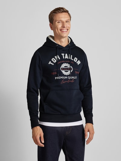 Tom Tailor Regular fit hoodie van katoenmix met logoprint Marineblauw - 4