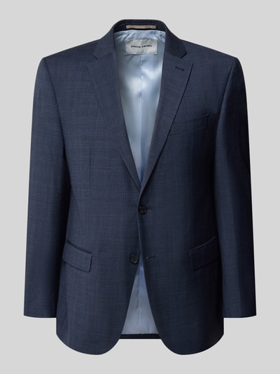 Produktfoto, Slim Fit 2-Knopf-Sakko mit Pattentaschen Modell 'Grant' von Pierre Cardin, dunkelblauer Schurwoll-Mix mit feiner Struktur, Stretch-Anteil, Reverskragen, passende Schulterbreite und Ärmellänge, Rückenlänge 72 cm.