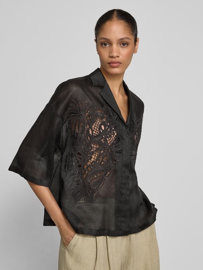Max Mara Studio Bluzka koszulowa o kroju regular fit z haftem angielskim model ‘LEGNO’ Czarny 3