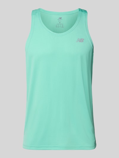Produktfoto, mintgrünes Tanktop mit Logo und Rundhalsausschnitt von New Balance, Regular Fit, glatte Oberfläche, Rückenlänge 66 cm bei Größe M