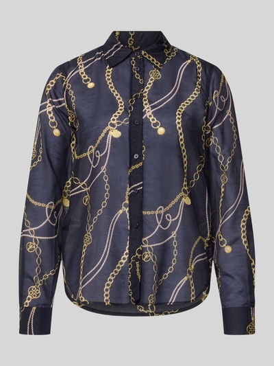 Produktfoto, Bluse mit Seide-Anteil und Kentkragen von Gant, granatowy kolor, wzór w złote łańcuchy, bawełna z dodatkiem jedwabiu, krój regular fit, kołnierzyk kent, zapięcie na guziki, mankiety sportowe, zaokrąglony dół, długość tyłu w rozmiarze 36: 68 cm, długość rękawa w rozmiarze 36: 61 cm, gładka tekstura