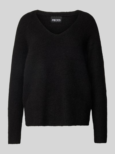 Pieces Regular Fit Strickpullover mit V-Ausschnitt Modell 'ELLEN' Black 2