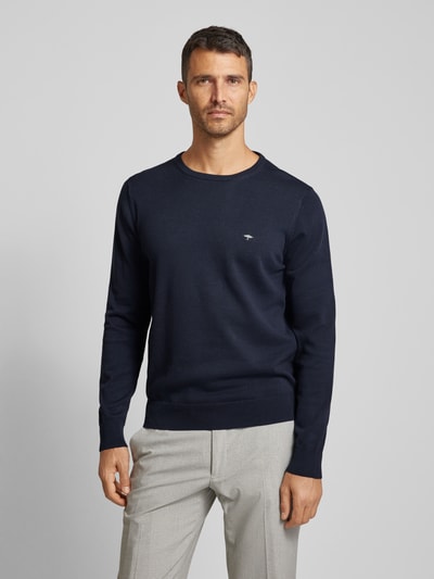 Fynch-Hatton Gebreide pullover met labelstitching, model 'Superfine' Marineblauw - 4