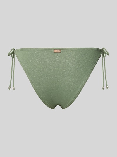 Produktfoto, grüner Bikini-Slip mit Glitter-Details und seitlicher Schnürung, körpernahe Passform, Modell 'MASSA SPARKLESUN' von Banana Moon, Material-Mix mit Stretch-Anteil