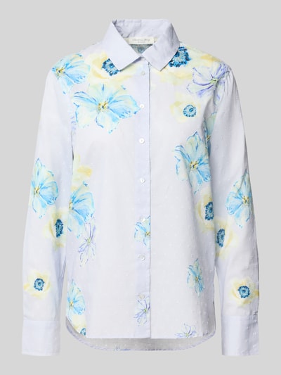 Produktfoto, Regular Fit Hemdbluse aus reiner Baumwolle von Christian Berg Woman mit floraler Allover-Print, Hemdblusenkragen und langen Ärmeln, hellblau-weiße Grundfarbe, florale Muster in Gelb- und Blautönen, glatte Textur