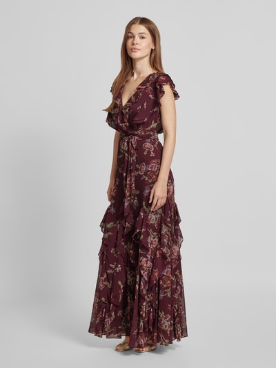 Lauren Ralph Lauren Abendkleid mit Volants und Bindegürtel Modell 'DARBILNE' Bordeaux 1