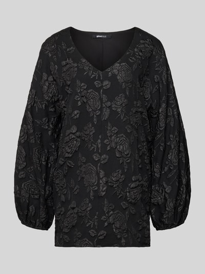 Produktfoto, Minikleid mit V-Ausschnitt van Gina Tricot in zwart met losvallende fit, sierbies, elastische mouwzomen, bloemenstructuur