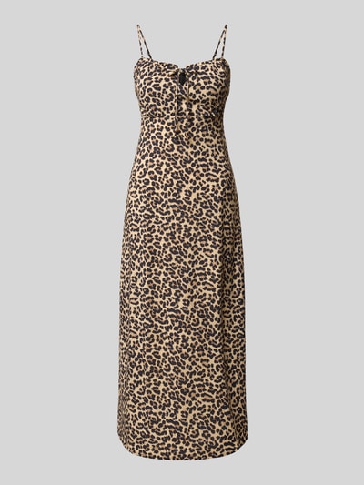 Produktfoto, Schmales Freizeitkleid aus reiner Viskose Modell 'NELLY' von Only mit Allover-Animal-Muster in Beige und Schwarz, Midi-Länge, Henley-Ausschnitt, Spaghettiträger, Popeline-Optik, Reißverschluss, glatte Textur