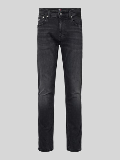 Produktfoto, Slim Fit Jeans aus Baumwoll-Mix Modell 'AUSTIN' von Tommy Jeans in schwarzer Denim-Optik mit 5-Pocket-Design, Label Patch, Logo-Stitching, Nieten, Gürtelschlaufen, Herren Slim-Fit Passform.