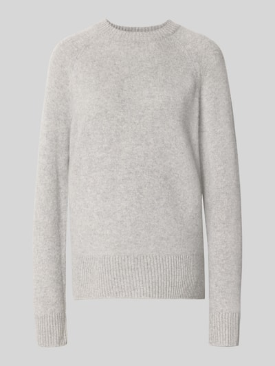 Produktfoto, Regular Fit Pullover aus reinem Kaschmir in Strick-Optik von MYON in hellem Grau mit Rundhalsausschnitt, feine Strickstruktur.