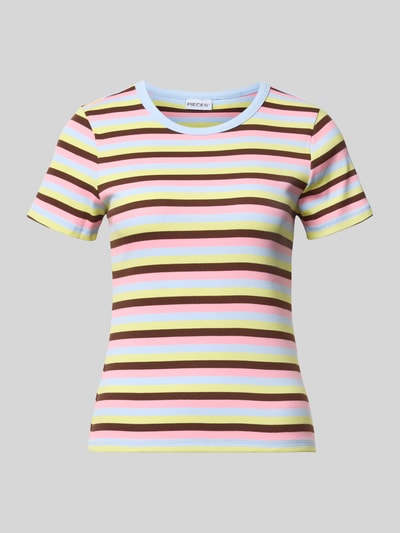 Produktfoto, kleurrijk slim fit T-shirt met horizontale strepen, ribstructuur, Slim Fit T-Shirt aus Baumwoll-Mix Modell 'MAY' van Pieces, dames