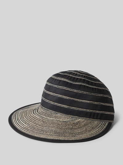 Produktfoto, Baseball Cap mit Streifen und verstellbarem Riegel von Loevenich, schwarz-beige mit verstärktem Schirm und Klettverschluss.