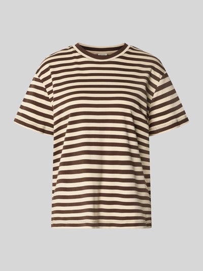 Produktfoto, T-Shirt mit Rundhalsausschnitt von Stefanel aus reiner Baumwolle, braun-beige gestreift, gerader Schnitt, neutraler Hintergrund