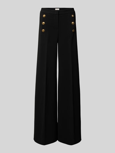Produktfoto, schwarze Damen Stoffhose mit Bundfalten Modell 'BRIDGET' von SEDUCTIVE im lockeren Schnitt, Material-Mix mit Stretch-Anteil, französische Eingrifftaschen mit Knopfverschluss, Gesäßtaschen, Bundweite 38 cm, Innenbeinlänge 84 cm, goldfarbene Knöpfe vorn
